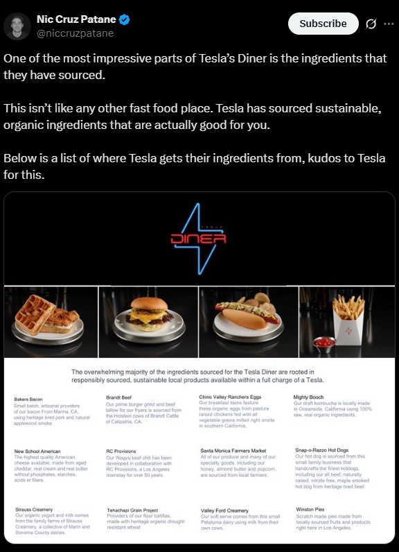 X (Twitter) post revealing Tesla Diner architectural layout plans